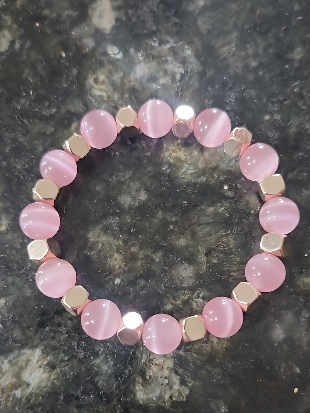 Handmade Pink Cat's Eye and Rose Gold Hematite Beaded Bracelet